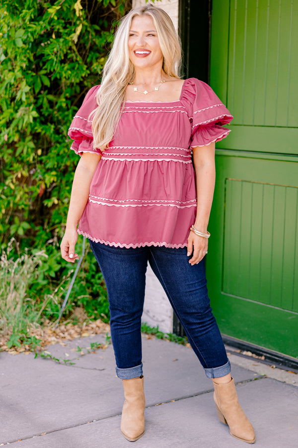 Chic Soul plus size clothing, Pink baby doll top with flutter sleeves and scallop details on each tier of the top sleeves and square neckline 