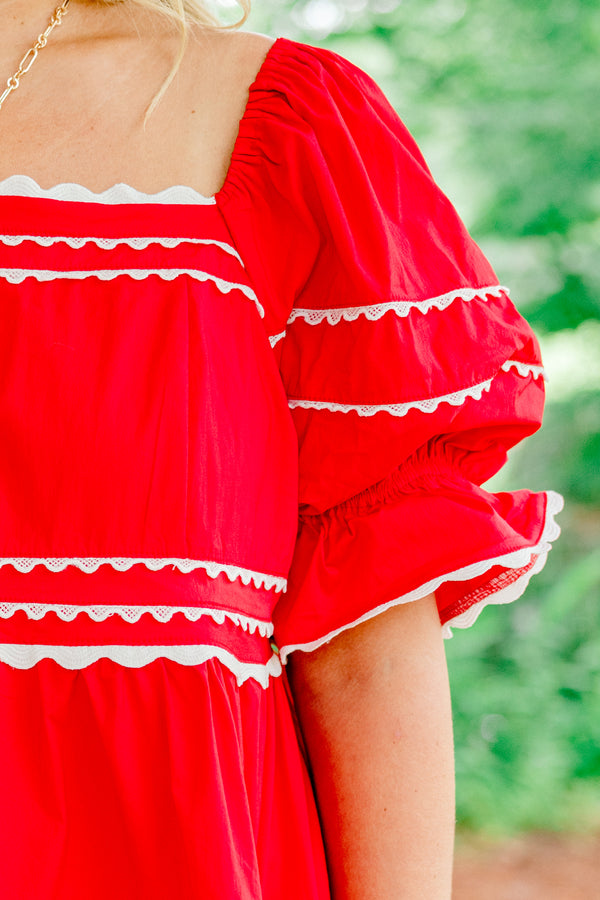 Chic Soul plus size clothing, red short sleeve top with square neckline and puff sleeves with white trim detail and design