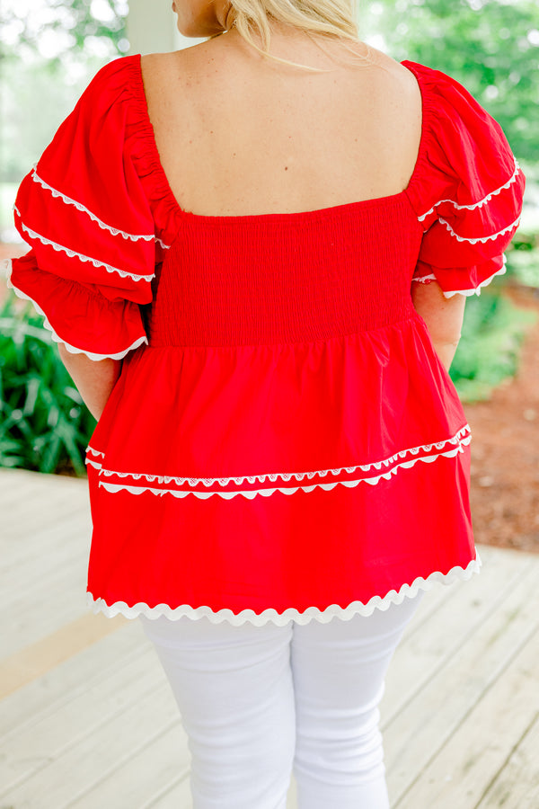 Chic Soul plus size clothing, red short sleeve top with square neckline and puff sleeves with white trim detail and design