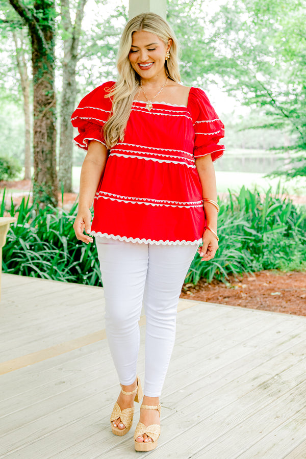 Chic Soul plus size clothing, red short sleeve top with square neckline and puff sleeves with white trim detail and design