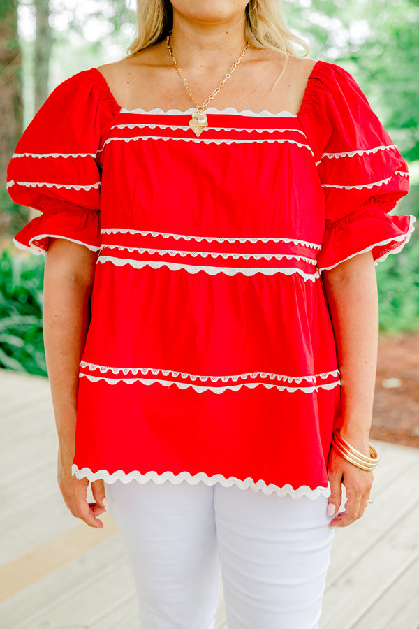 Chic Soul plus size clothing, red short sleeve top with square neckline and puff sleeves with white trim detail and design