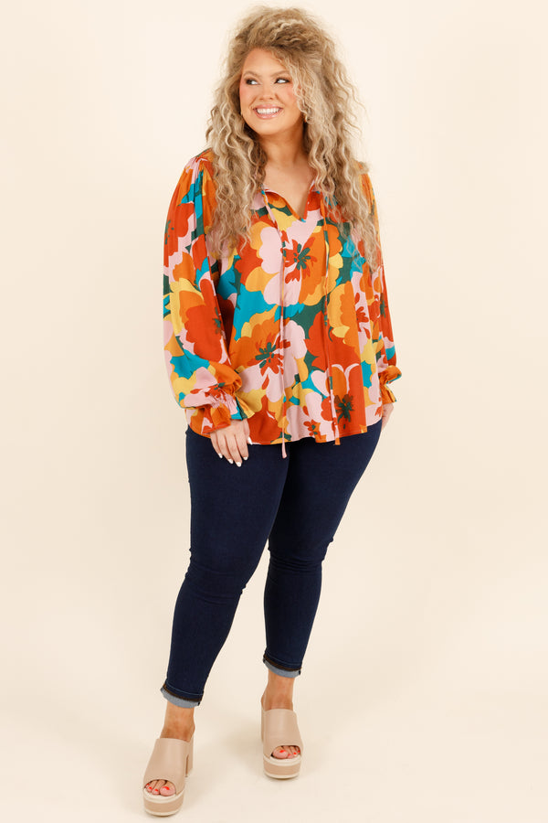 Chic Soul plus size clothing, multicolor floral pattern flowy blouse with bubble sleeves