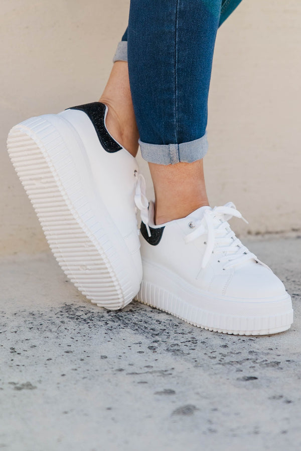 Chic Soul plus size clothing, white platform sneakers with black sparkle on the back
