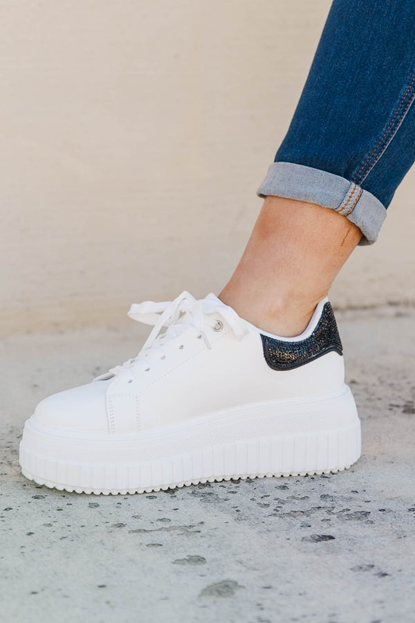 Chic Soul plus size clothing, white platform sneakers with black sparkle on the back