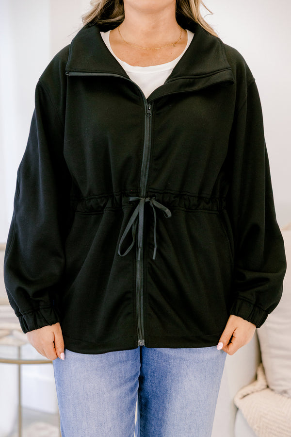 Chic Soul plus size clothing, black zip up long sleeve jacket with waist tie and large collar