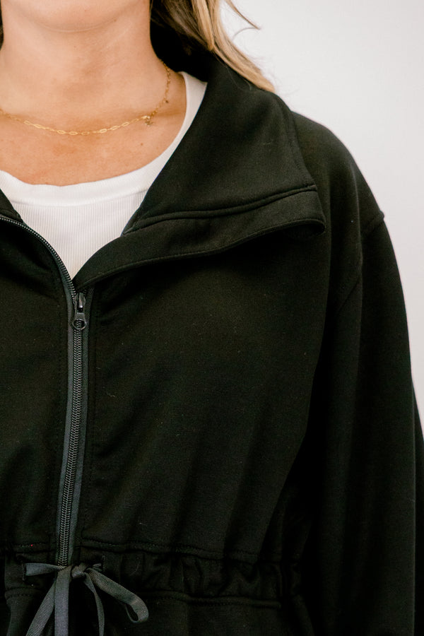 Chic Soul plus size clothing, black zip up long sleeve jacket with waist tie and large collar