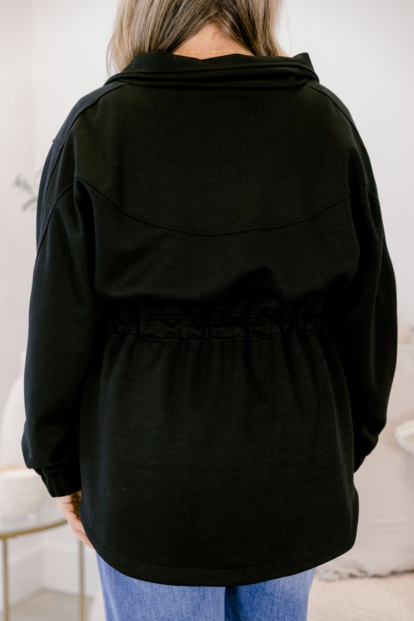 Chic Soul plus size clothing, black zip up long sleeve jacket with waist tie and large collar