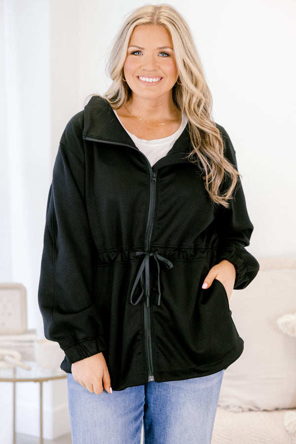 Chic Soul plus size clothing, black zip up long sleeve jacket with waist tie and large collar