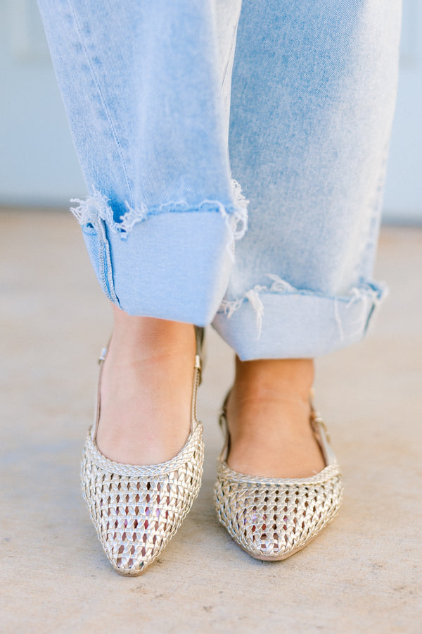 Chic Soul plus size clothing, closed-toe gold sling-back flats with a subtle heel and a basket woven gold toe 
