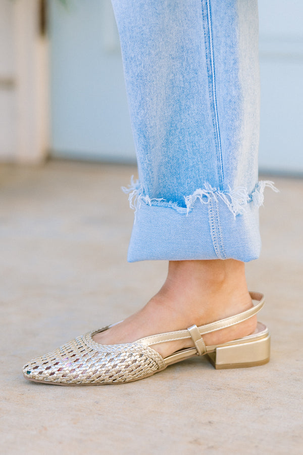 Chic Soul plus size clothing, closed-toe gold sling-back flats with a subtle heel and a basket woven gold toe 