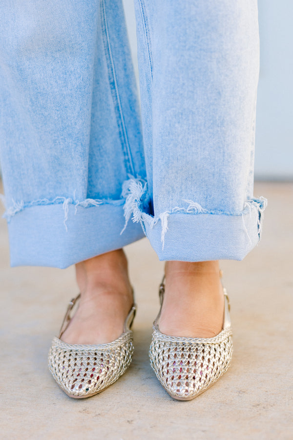 Chic Soul plus size clothing, closed-toe gold sling-back flats with a subtle heel and a basket woven gold toe 