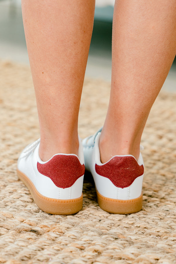 Chic Soul plus size clothing, white velcro strap sneakers with burgundy heel tab