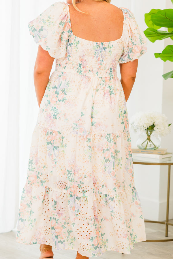 Chic Soul plus size clothing, short sleeve cream multi maxi dress with puffed sleeves and ruffled floral details 