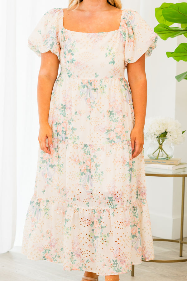 Chic Soul plus size clothing, short sleeve cream multi maxi dress with puffed sleeves and ruffled floral details 