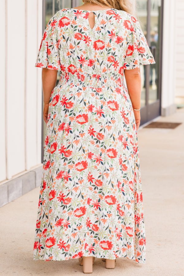 Chic Soul plus size clothing, short sleeve white maxi dress with red and green floral details 