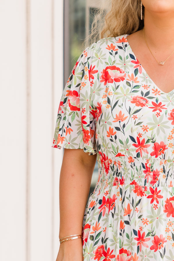 Chic Soul plus size clothing, short sleeve white maxi dress with red and green floral details 
