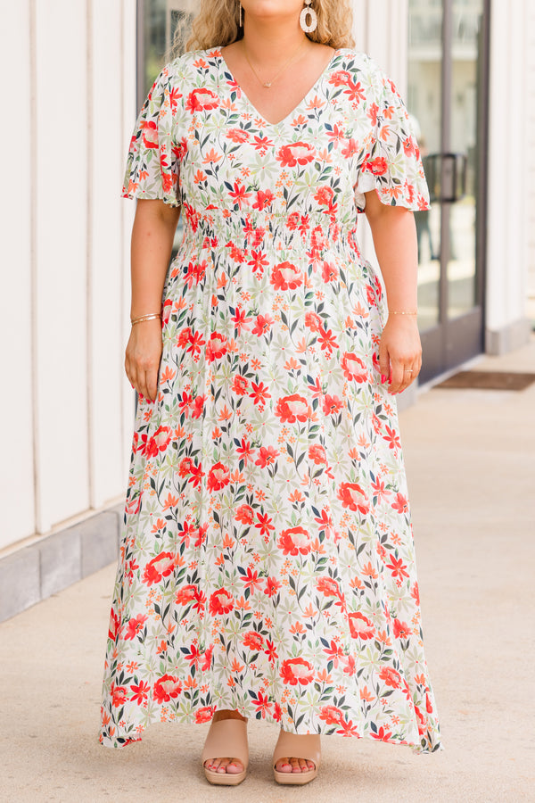 Chic Soul plus size clothing, short sleeve white maxi dress with red and green floral details 