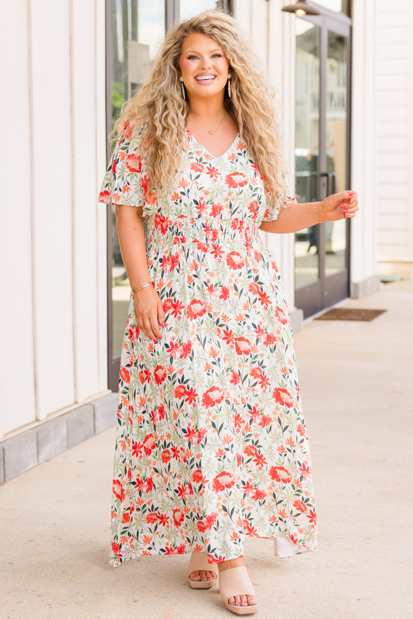Chic Soul plus size clothing, short sleeve white maxi dress with red and green floral details 
