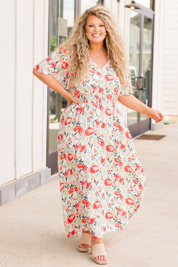 Chic Soul plus size clothing, short sleeve white maxi dress with red and green floral details 
