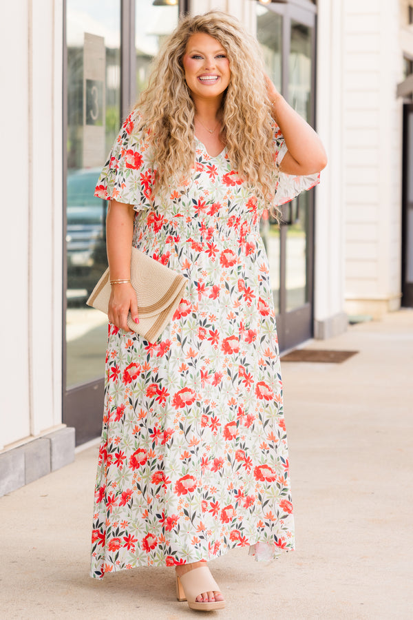 Chic Soul plus size clothing, short sleeve white maxi dress with red and green floral details 