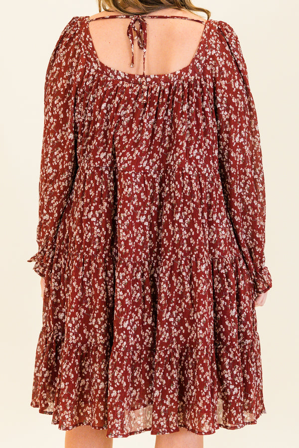 Chic Soul plus size clothing, long-sleeve burgundy ruffled flowy dress with a subtle scoop-neckline and a small white and tan floral pattern