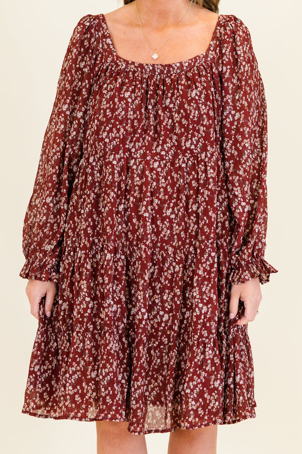 Chic Soul plus size clothing, long-sleeve burgundy ruffled flowy dress with a subtle scoop-neckline and a small white and tan floral pattern