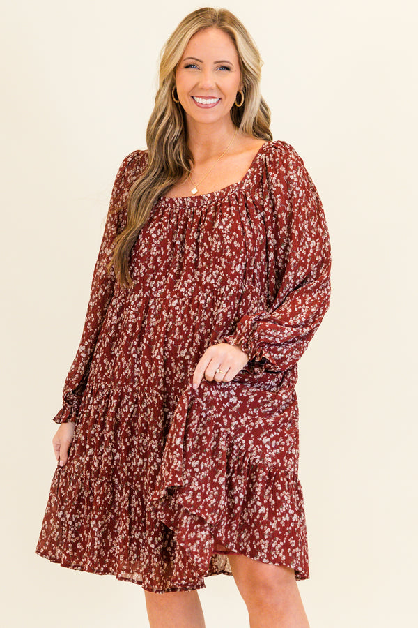 Chic Soul plus size clothing, long-sleeve burgundy ruffled flowy dress with a subtle scoop-neckline and a small white and tan floral pattern