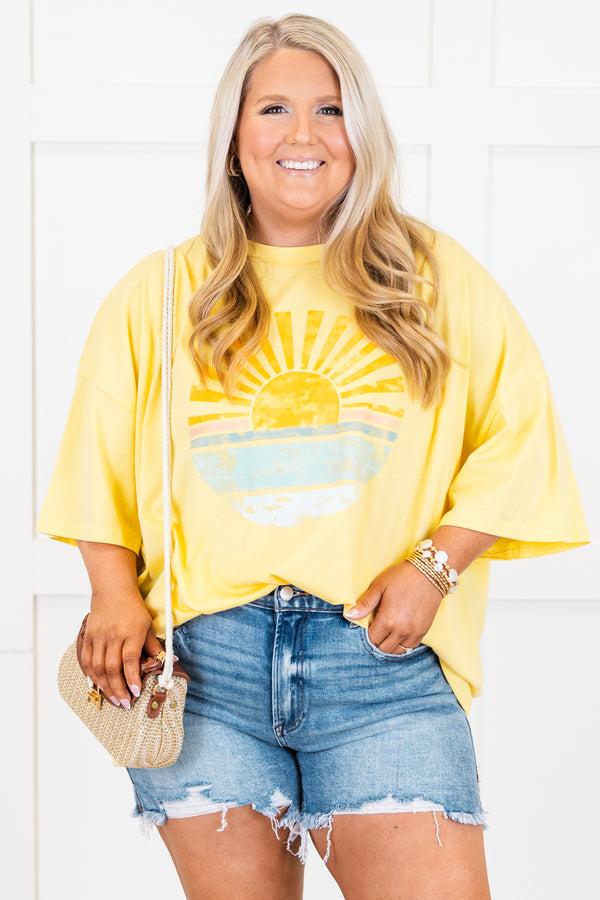 Plus Size butter yellow oversized boyfriend tee with a sunset graphic and short sleeves.