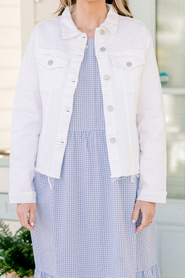 Chic Soul plus size clothing, white denim button up long sleeve jacket with collar detail with silver hardware