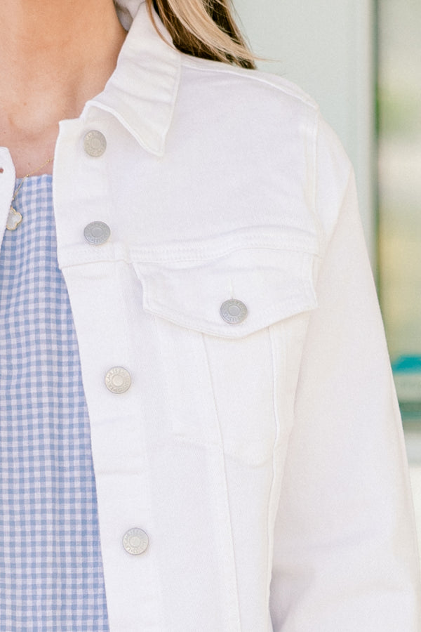 Chic Soul plus size clothing, white denim button up long sleeve jacket with collar detail with silver hardware