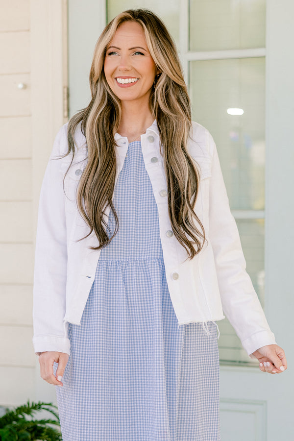 Chic Soul plus size clothing, white denim button up long sleeve jacket with collar detail with silver hardware