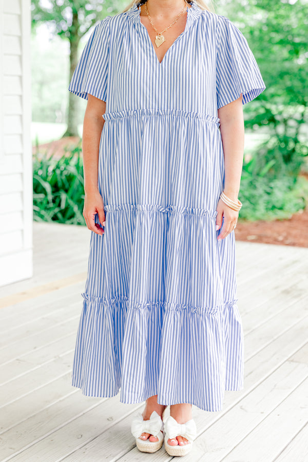 Chic Soul plus size clothing, light indigo and white vertically striped short sleeve ruffle collar shallow v-neck tiered midi dress