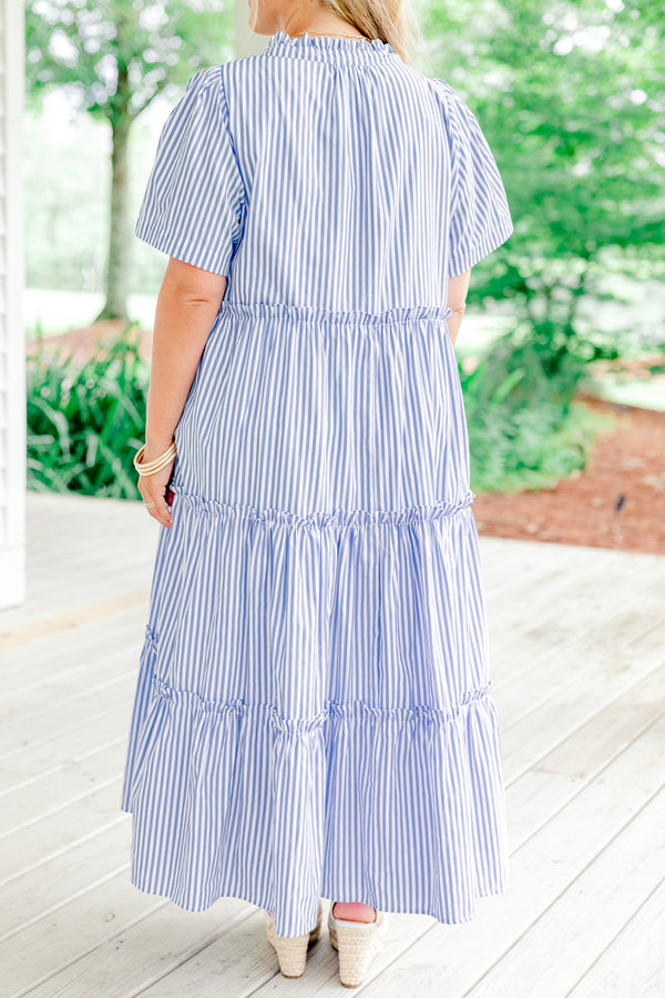 Chic Soul plus size clothing, light indigo and white vertically striped short sleeve ruffle collar shallow v-neck tiered midi dress