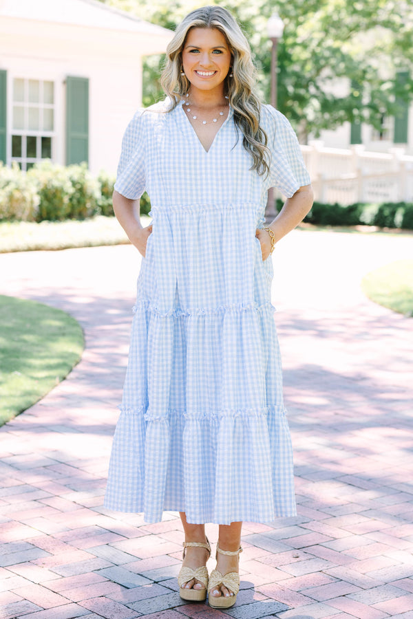 Plus Size baby blue gingham maxi dress with a V-neckline, short flutter sleeves, and tiered skirt.