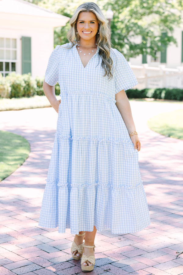 Plus Size baby blue gingham maxi dress with a V-neckline, short flutter sleeves, and tiered skirt.