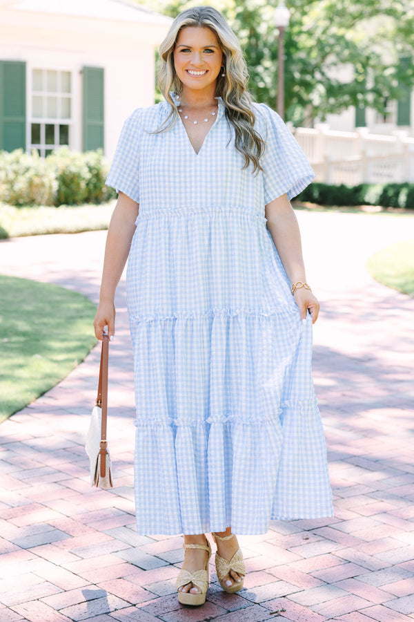 Plus Size baby blue gingham maxi dress with a V-neckline, short flutter sleeves, and tiered skirt.