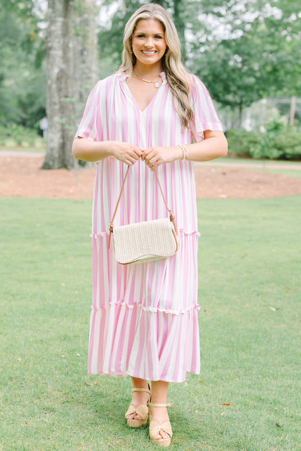 Plus Size bubblegum pink and white vertical striped tiered maxi dress with short sleeves.