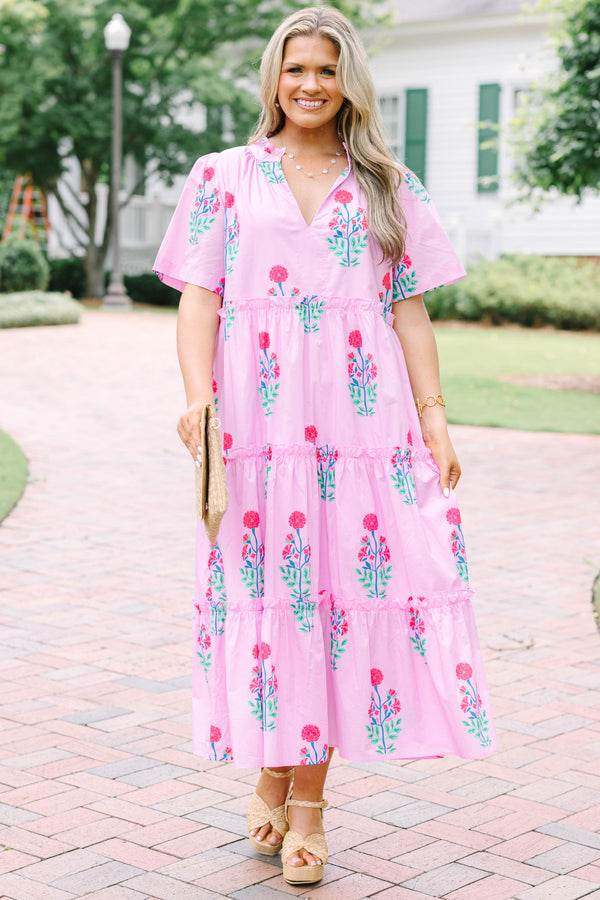 Plus Size fuchsia floral tiered midi dress with a V-neckline and short flutter sleeves.