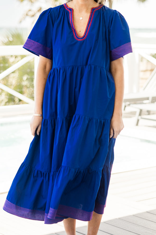  Chic soul plus size clothing, navy tiered midi dress with pink stitching on the bottom of the dress, sleeves, and the v-neck 
