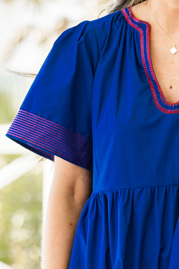  Chic soul plus size clothing, navy tiered midi dress with pink stitching on the bottom of the dress, sleeves, and the v-neck 
