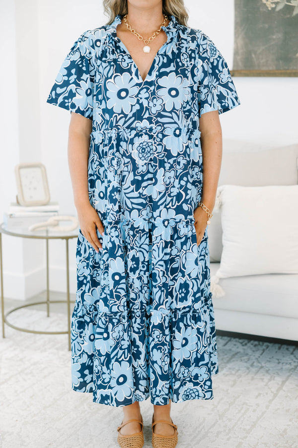 Plus size Oxford Blue Floral Straight Shot Dress with a flowy tiered skirt and ruffle sleeves.