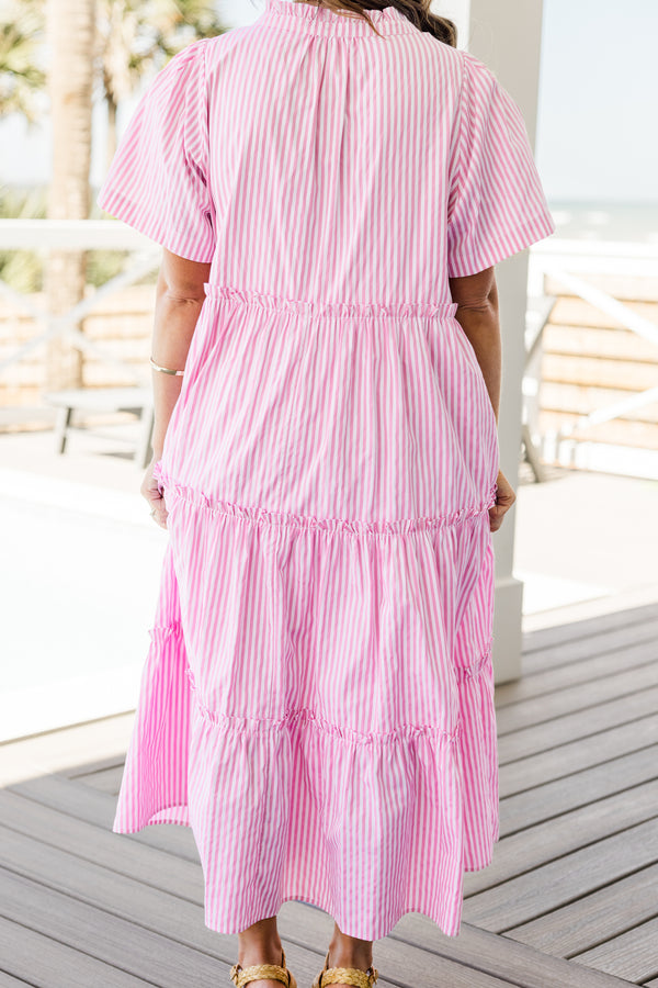 Chic Soul plus size clothing, pink and white thin stripe short sleeve midi dress
