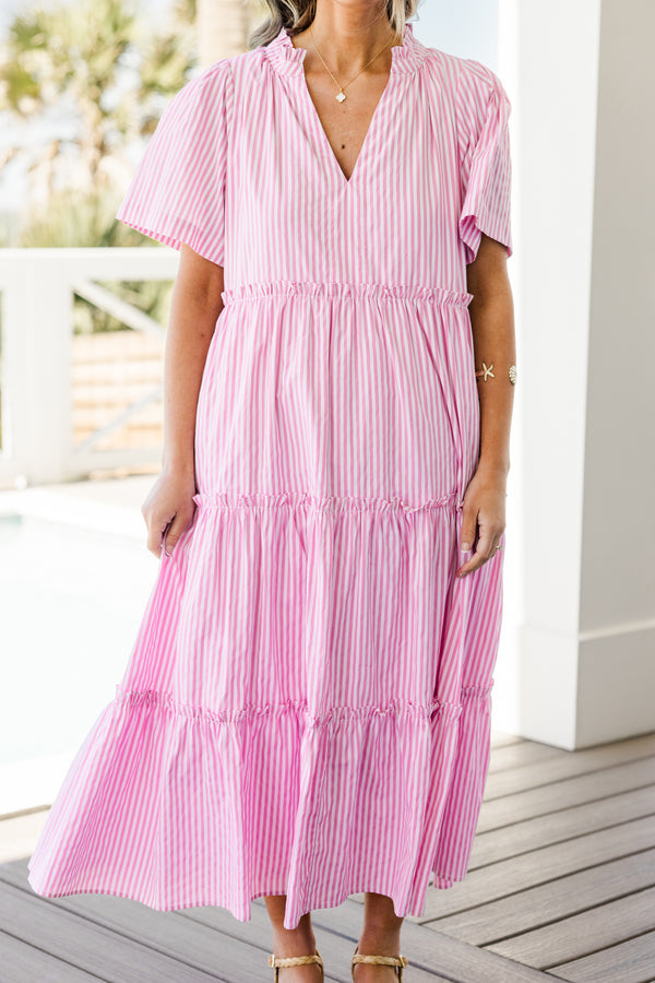 Chic Soul plus size clothing, pink and white thin stripe short sleeve midi dress