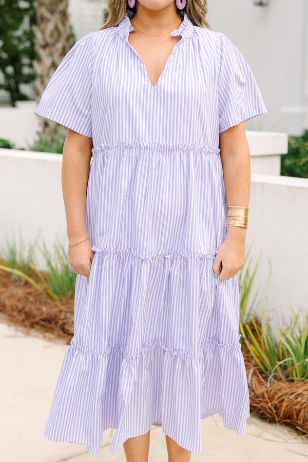 Plus Size purple and white striped midi dress with a split v-neck, short sleeves, and tiered skirt.