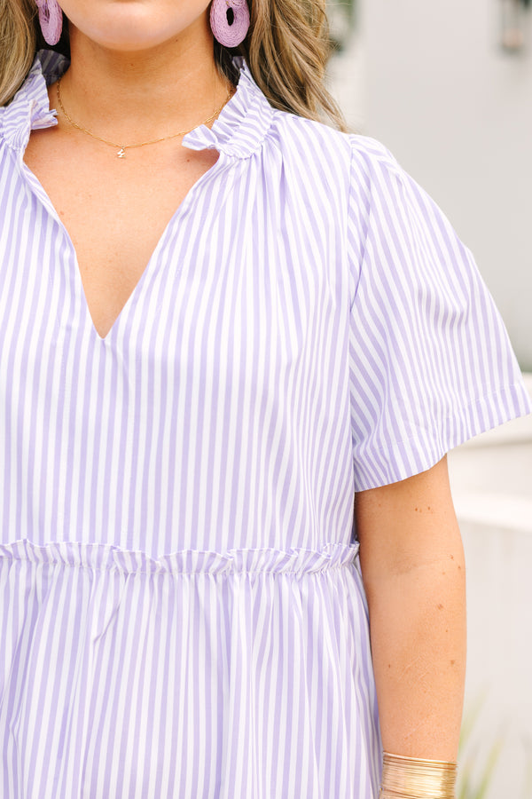 Plus Size purple and white striped midi dress with a split v-neck, short sleeves, and tiered skirt.