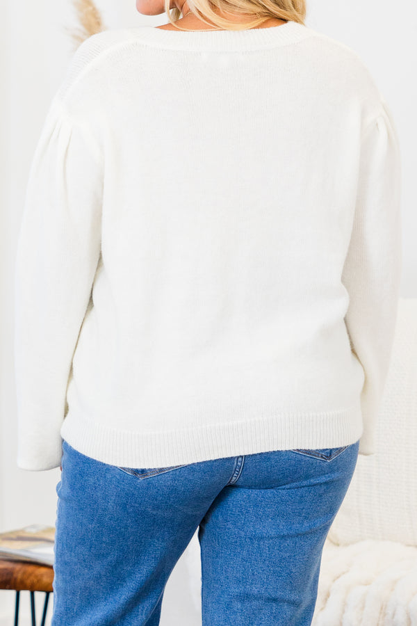 Chic Soul plus size clothing, white long sleeve knit sweater with v neckline with two black satin bows on the front with bubble sleeves