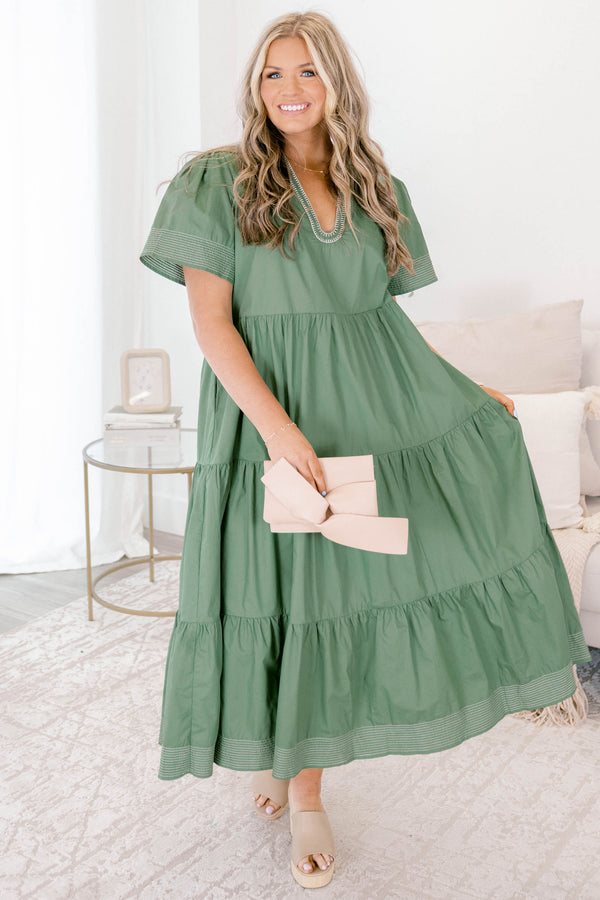 Chic Soul plus size clothing, muted sage green short sleeve v neck tiered maxi dress with white stitching detailing on the neckline