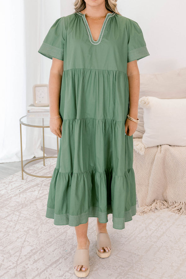 Chic Soul plus size clothing, muted sage green short sleeve v neck tiered maxi dress with white stitching detailing on the neckline