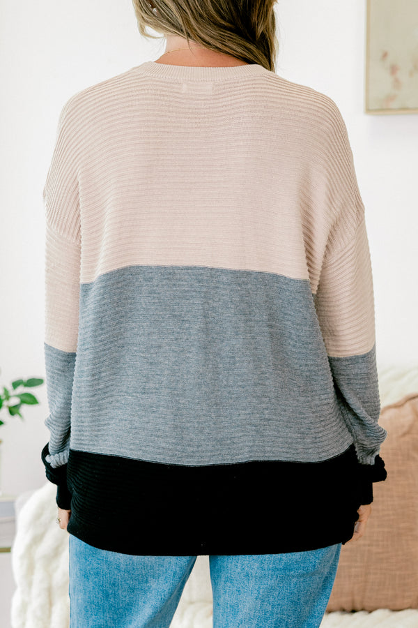 Chic Soul plus size clothing, tan to grey to black color blocked long sleeve crewneck sweater