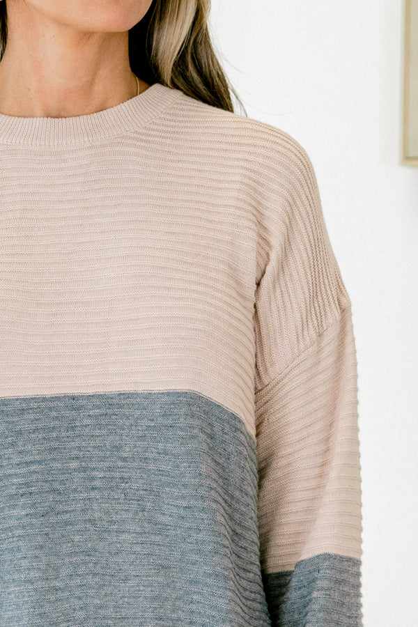 Chic Soul plus size clothing, tan to grey to black color blocked long sleeve crewneck sweater